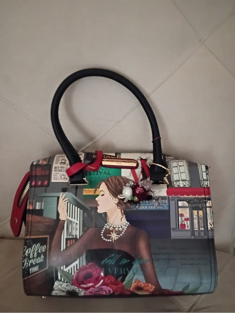 Nicole Lee Illustrated Cityscape Satchel in Black and Red